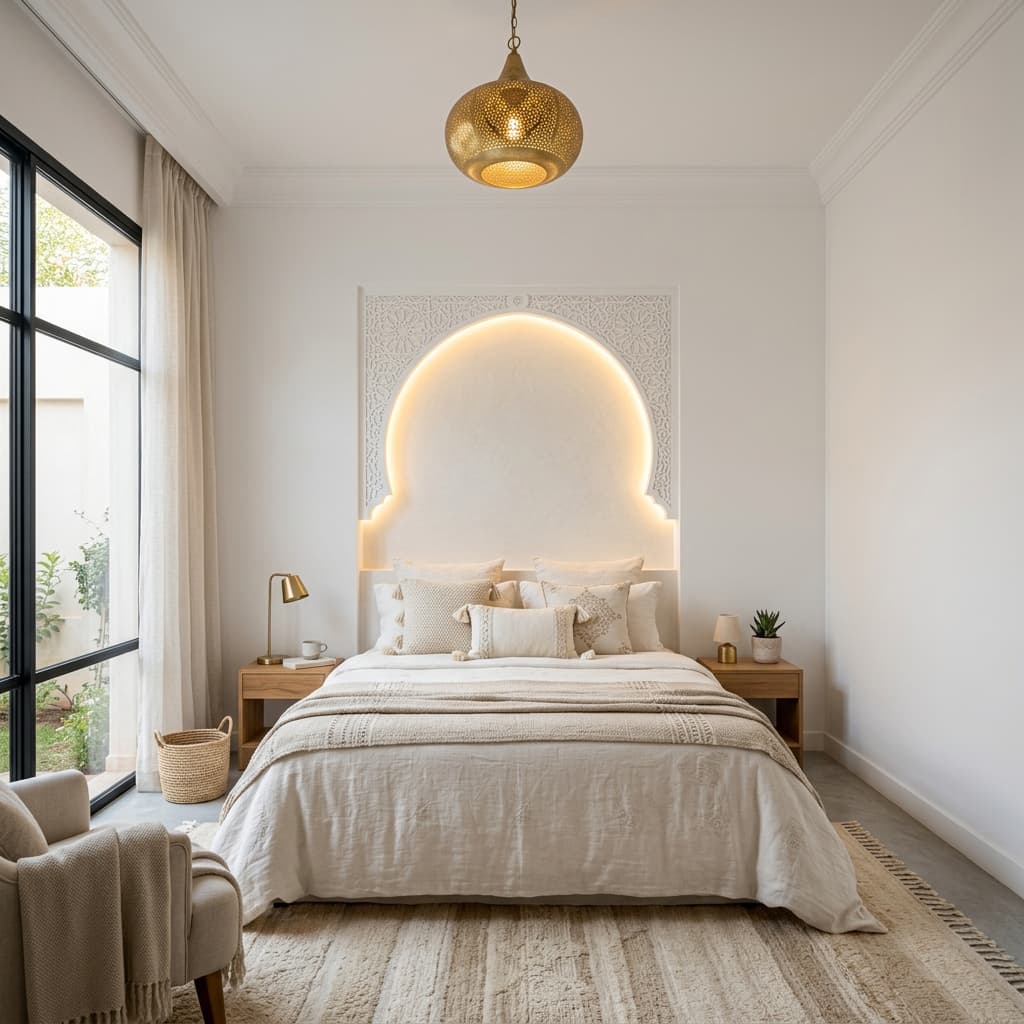Chambre avec niche en plâtre rétroéclairée