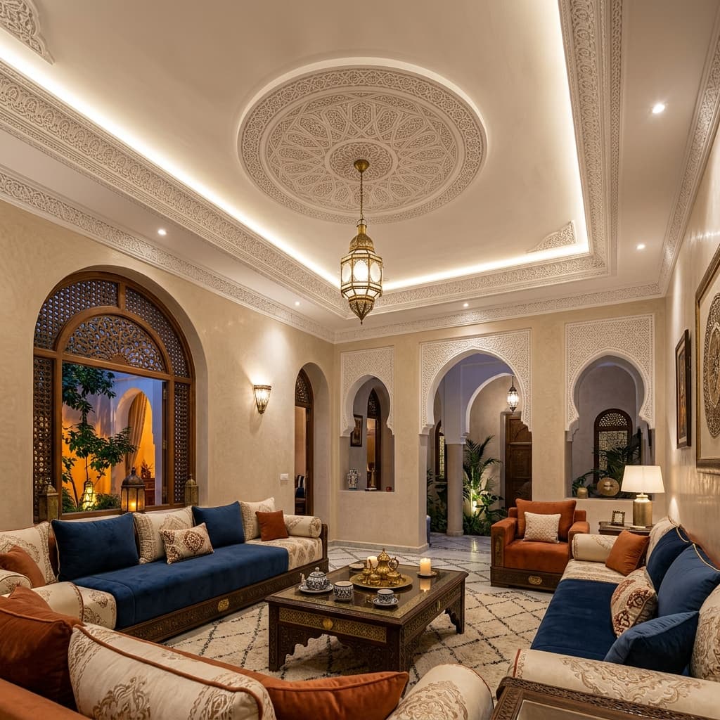 Salon avec décor en plâtre & LED